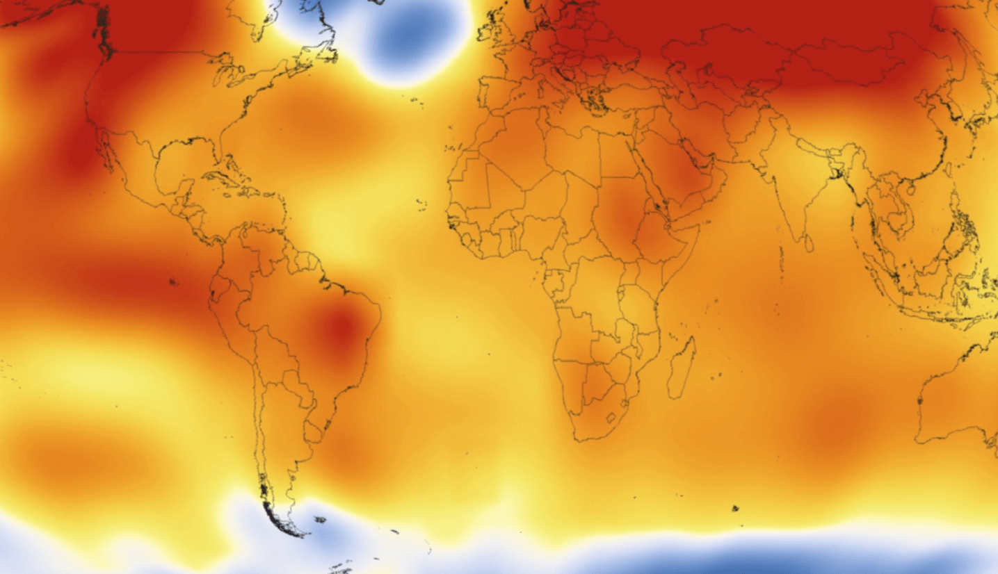 Średnia temperatura na Ziemi w 2015 roku. Czerwony kolor &#8211; odchylenie dodatnie, niebieski &#8211; odchylenie ujemne od normy / źródło: NASA Scientific Visualization Studio, Wikimedia Commons, domena publiczna
